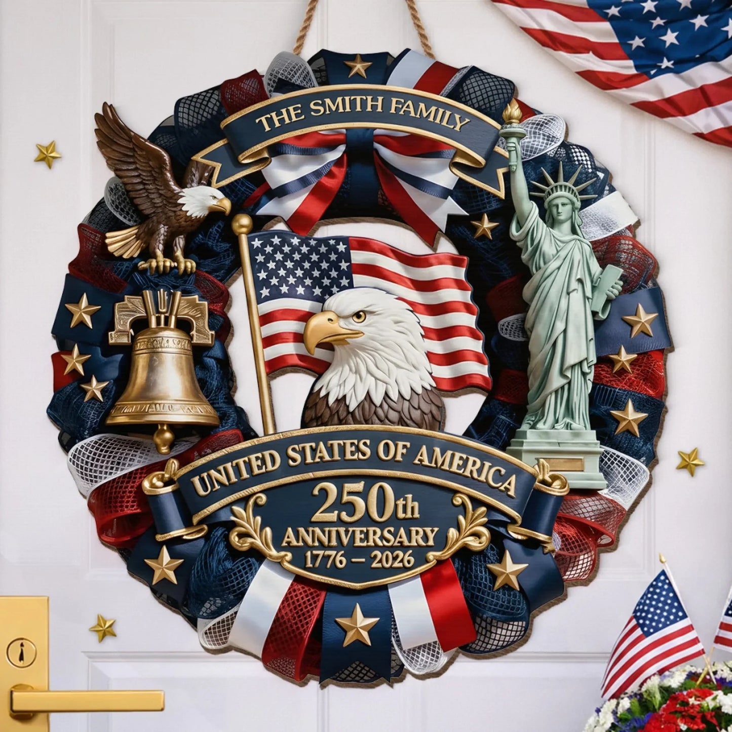 Wood Sign - Personalized America 250th Anniversary Gifts For Mom. Dad. Brother. Sister. Kids - Family Forever United