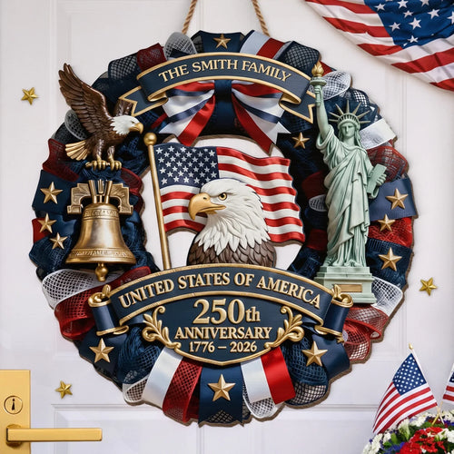 Wood Sign - Personalized America 250th Anniversary Gifts For Mom. Dad. Brother. Sister. Kids - Family Forever United