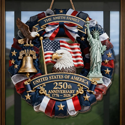 Wood Sign - Personalized America 250th Anniversary Gifts For Mom. Dad. Brother. Sister. Kids - Family Forever United