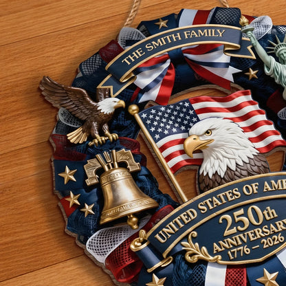 Wood Sign - Personalized America 250th Anniversary Gifts For Mom. Dad. Brother. Sister. Kids - Family Forever United